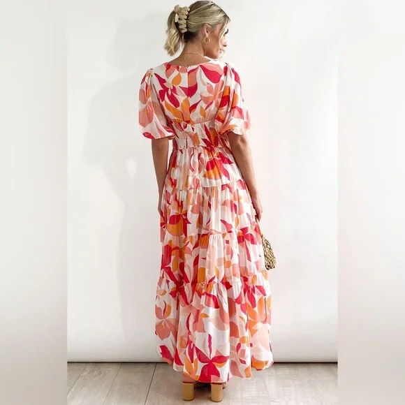 (H1) Ruffle Tiered› Orange floral maxi dress with V-neckline, size XL - Picture 2 of 15